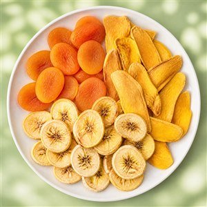 Dried mango, apricot and banana slices on a plate