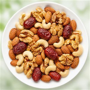 Walnuts, almonds and cashews with red dates on a plate