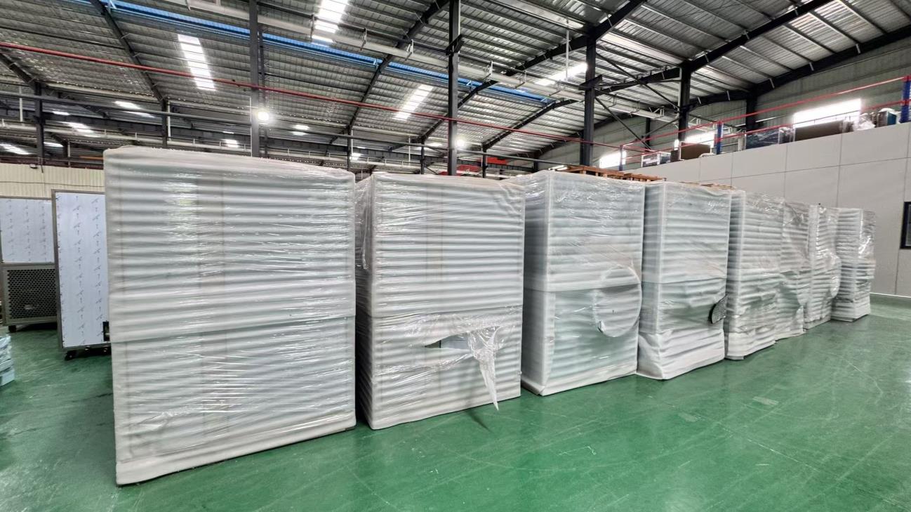 Finished heat pump drying units wrapped and lined up ready for export loading