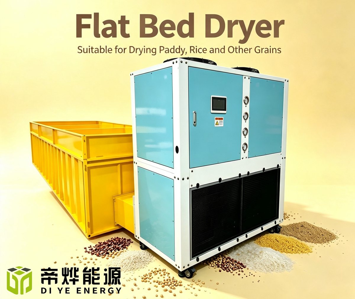 Flat bed dryer cabinet with long drying bin, for paddy, rice and other grains