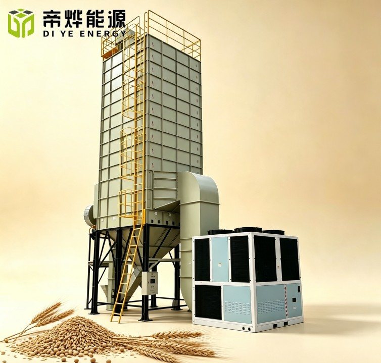 Grain drying tower with hopper base and adjacent heat pump unit
