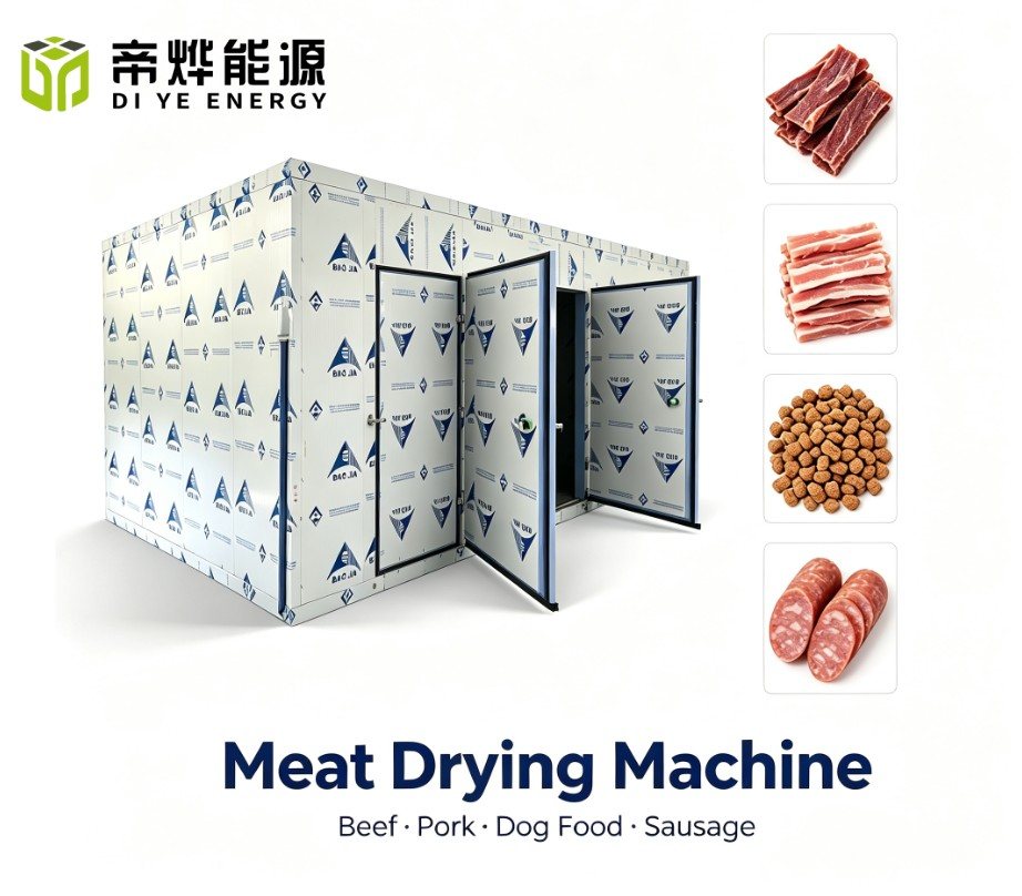 Meat drying room with three full-height doors, for beef, pork, sausage and pet food